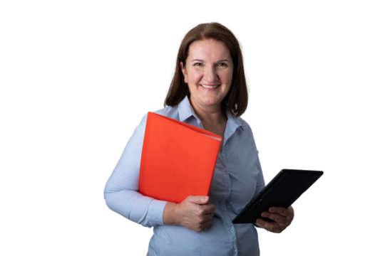 Smiling businesswoman holding a file and digital tablet