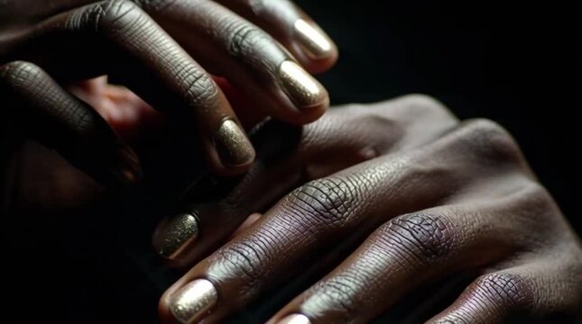 Close-up of hands with metallic gold nail polish, showcasing elegant, well-groomed nails against a dark background.