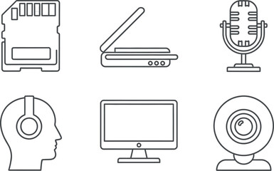 Technology device line icons set for digital media and computing