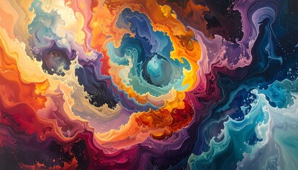 Abstract swirling cloud of vibrant colors; reds, blues, yellows, and purples creating a vortex-like, chaotic yet calming scene