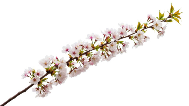 Isolated cherry blossom branch with many flowers, twigs, and leaves of pale color tone