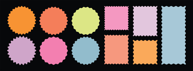 Set of colorful zigzag edges. Zigzag and colorful Shapes. Geometric shapes with scallop and zigzag edges set. Zig zag edge circle, square shape collection.