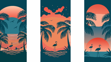 Stunning tropical sunset scene featuring silhouetted palm trees and flamingos, perfect for summer vibes and travel inspiration, originally a scalable vector graphic