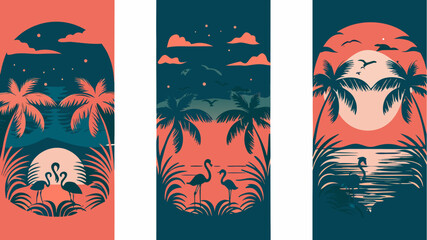 Tropical getaway at sunset with graceful flamingos, palm trees swaying in the breeze, serene water reflections, and vibrant island vibes, perfect for summer designs