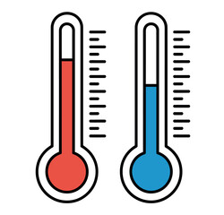 Two thermometers illustrate contrasting temperatures, one red for hot and one blue for cold.