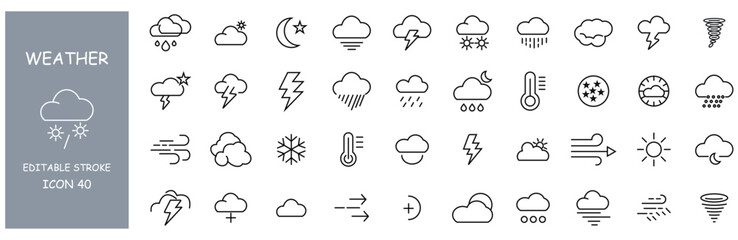 Weather icons. Set of 40 weather web icons in line style. Weather , clouds, sunny day, moon, snowflakes, wind, sun day.  Linear style.  Vector illustration.  