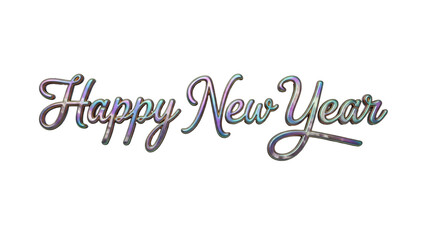 Isolated Happy New Year iridescent script wish art, greeting text, calligraphy card design