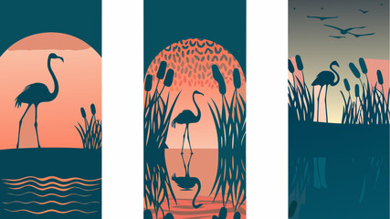 Elegant flamingo silhouettes at sunset create tranquil, artistic compositions ideal for sophisticated designs and calm nature themes, originally a scalable graphic