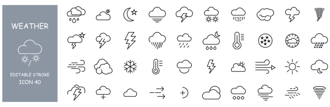 Weather icons. Set of 40 weather web icons in line style. Weather , clouds, sunny day, moon, snowflakes, wind, sun day.  Linear style.  Vector illustration.  