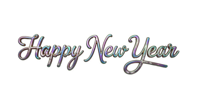 Isolated Happy New Year iridescent script wish art, greeting text, calligraphy card design