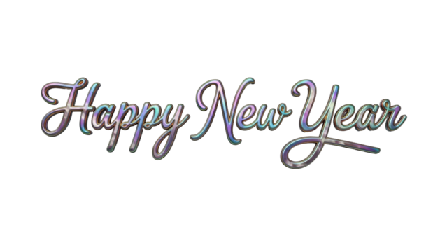 Isolated Happy New Year iridescent script wish art, greeting text, calligraphy card design