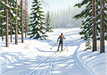 Active cross-country skier peacefully moving through a sunny snowy forest