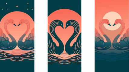 Elegant swans forming a heart shape against celestial backgrounds, symbolizing love and devotion, perfect for Valentine's Day, weddings, or romantic designs