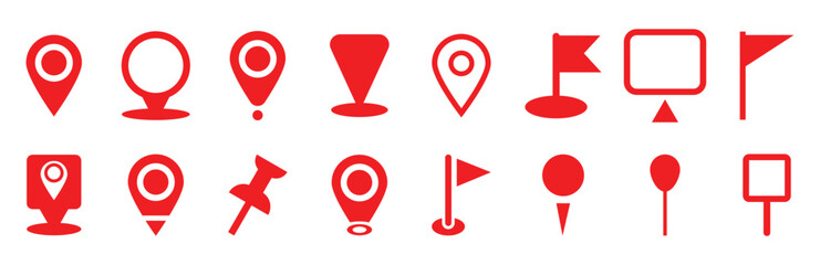 Set of red location pin icons. Map pointers. Modern map marker collection. GPS location symbol. Flat style vector. Vector illustration.