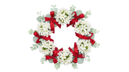 Isolated floral holiday wreath with red bows, seasonal decoration, celebration backdrop