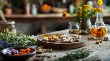 Various pills and capsules scattered on a wooden surface with healing herbs and flowers suggesting natural health supplements.