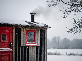 A snow-covered shepherd hut with a red door and chimney against a winter landscape
