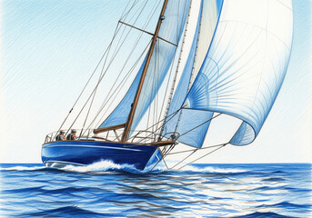 Fototapeta premium Classic blue sailboat with white sails gliding fast on choppy ocean waves backdrop