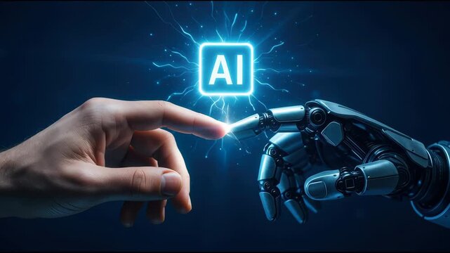 Artificial intelligence human robot collaboration technology connection A human and robotic hand reach to touch glowing AI icon representing cooperation and innovation