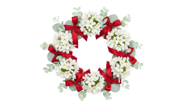 Isolated floral holiday wreath with red bows, seasonal decoration, celebration backdrop