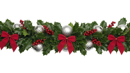 Isolated Holiday Christmas garland, holly leaves, berries, bows and baubles for celebrations