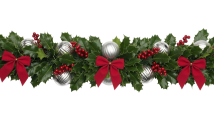 Isolated Holiday Christmas garland, holly leaves, berries, bows and baubles for celebrations