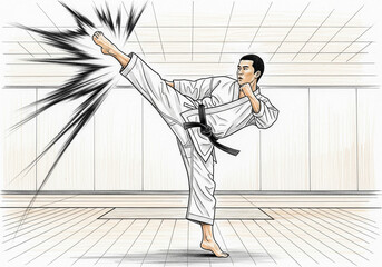 Powerful male karate practitioner performing a high kick with focus in a modern dojo