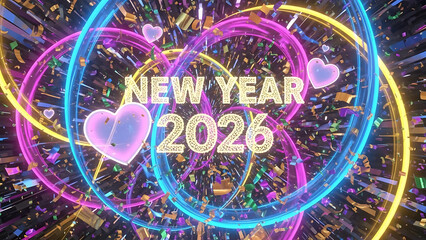 Vibrant neon new year 2026 celebration with hearts and confetti