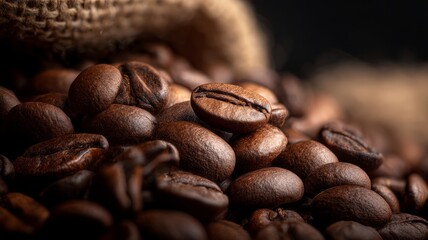 Rich, dark coffee beans heap rests on burlap, highlighting texture. Warm lighting enhances deep brown tones and rustic feel. Earthy, aromatic ambiance captured. Neural network AI generated