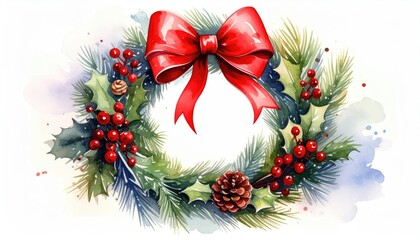 Watercolor Christmas Wreath with Red Bow and Berries.