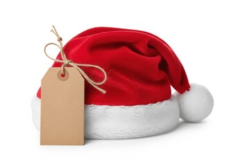 Santa Hat Price Tag Blank Label Kraft Paper Christmas Mockup Copy Space Isolated White Background Holiday