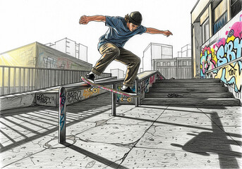 Focused young male skateboarder executing a rail grind trick in a gritty urban skate park