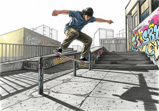 Focused young male skateboarder executing a rail grind trick in a gritty urban skate park