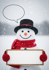 Happy Snowman Holding Blank Sign And Speech Bubble With Copy Space For Christmas Winter Holiday