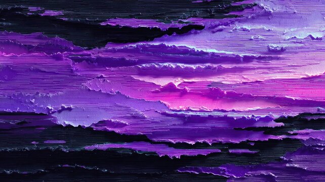 Dynamic abstract composition features horizontal purple geometric shapes. Rich gradient hues create visual depth, evoking motion and rhythm. Bright and lively textures. Neural network AI generated