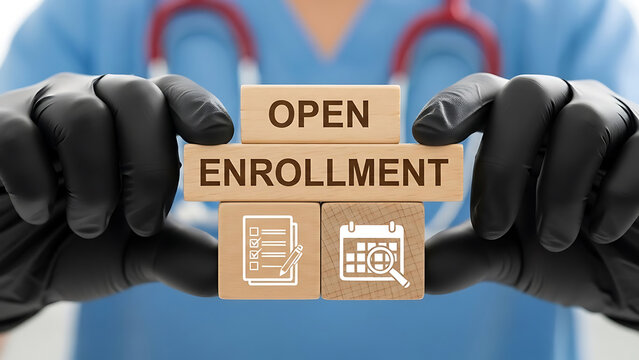 Doctor holding wooden blocks with open enrollment and healthcare icons