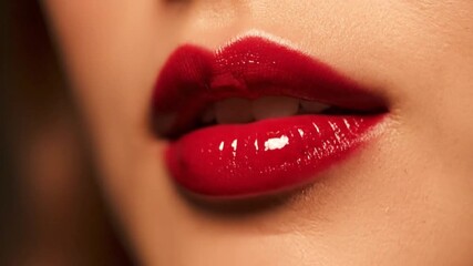 Close-up of sensual glossy red lips, vibrant beauty, fashionable makeup