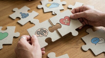 hands connecting mental health jigsaw puzzle pieces on table