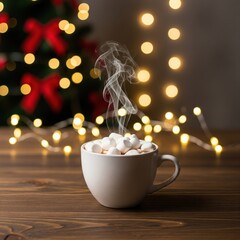 Hot Chocolate Mug Marshmallows Steam Bokeh Christmas Lights Winter Warm Cozy