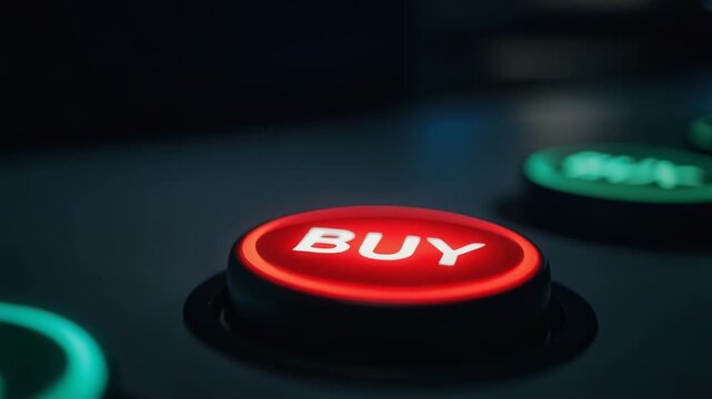 Buy hand button decision investment to press a glowing red buy button on a dark trading console conveying urgent financial choice and focused action