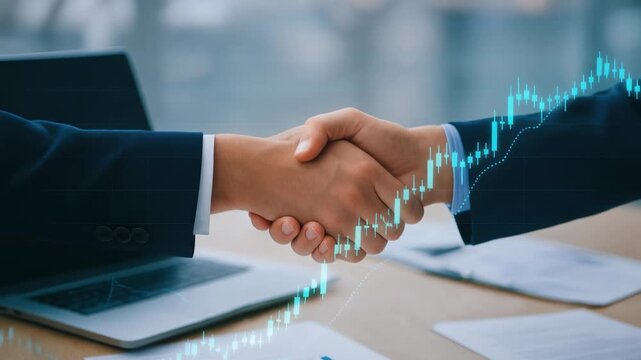 Business partnership handshake financial growth two professionals seal an agreement over charts and laptop optimistic collaboration driving measurable success