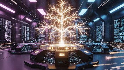 Futuristic Data Center Visualization: Technological Tree of Life in Digital Realm - Powered by Adobe