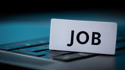A white card labeled job placed on a keyboard symbolizing employment search, career opportunity and the modern process of accessing professional paths online.
