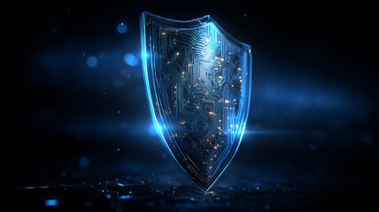 A glowing shield composed of circuit patterns symbolizing cybersecurity strength, system protection and the defense of sensitive digital information.

