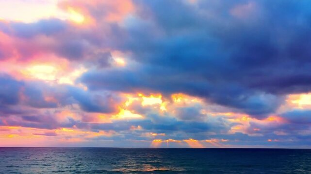 dramatischer Sonnenuntergang am Meer mit spektakul&auml;ren Farbenspiel aus Pink, Lila und Blau in den Wolken. Die sanften Wellen des Ozeans reflektieren die lebhaften Farben des Himmels