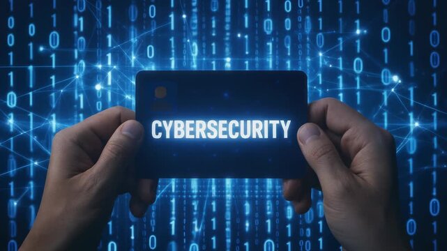 Cybersecurity identity network privacy protection encryption | Hands holding a digital ID card reading CYBERSECURITY with blue glowing network lines suggesting secure access