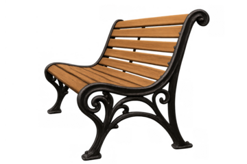 Park bench with wooden slats and decorative metal frame for outdoor seating on transparent background