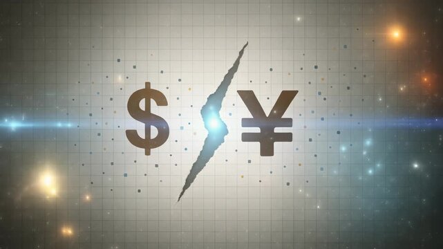 Dollar yuan tear grid currency dollar sign A torn diagonal canvas with bright yellow currency icon and scattered data evokes tension and urgency in global finance