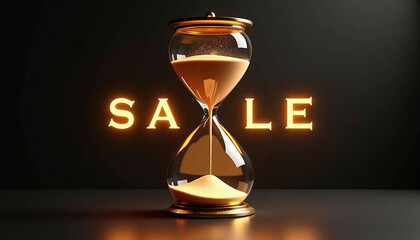 Hourglass with sand illustrating sale concept in warm colors on dark background