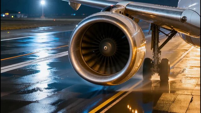 Close up of a commercial airplane jet engine during nighttime taxi on a wet runway reflecting lights
